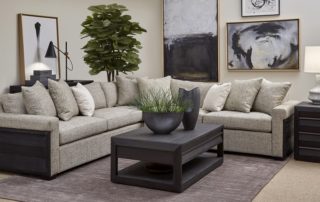 Magnussen Home?s Wentworth Village occasional set is shown with the Wentworth Village upholstery group. Shown in a Sandblasted Oxford Black finish, the wood pieces and trim on the upholstery is made with acacia solids and veneers.