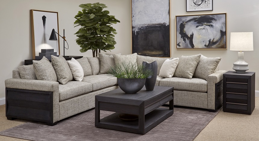 Magnussen Home’s Wentworth Village occasional set is shown with the Wentworth Village upholstery group. Shown in a Sandblasted Oxford Black finish, the wood pieces and trim on the upholstery is made with acacia solids and veneers.