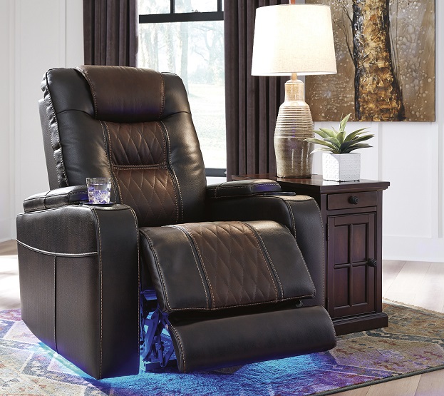 Ashley’s Composer is a one-touch power recliner with ‘Easy View’ power adjustable headrest, USB charging and extended ottoman. Retail is $799.