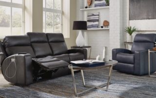 The Cade power collection from Flexsteel focuses on ?extreme? comfort with a fully padded, extended footrest and divided back cushions. Matching, heavy-thread stitching accentuates wrap-over detail. Retail is $2,499.