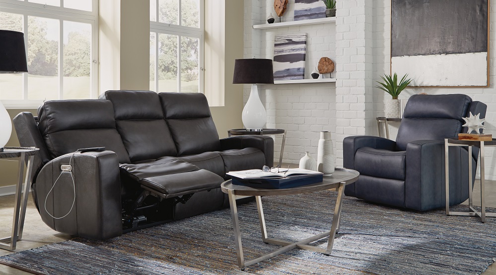 The Cade power collection from Flexsteel focuses on “extreme” comfort with a fully padded, extended footrest and divided back cushions. Matching, heavy-thread stitching accentuates wrap-over detail. Retail is $2,499.