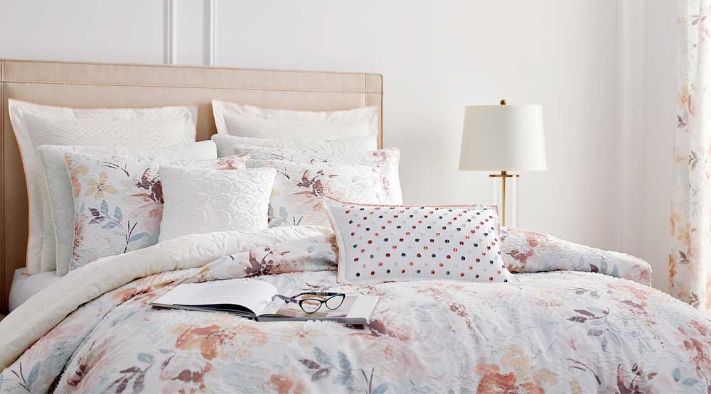 Croscill’s Liana collection of bedding (and bath) is feminine and traditional with its watercolor palette of soft pastels against a textural clip jacquard.