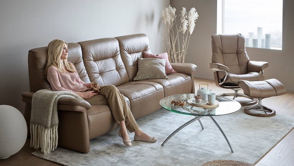 The Mary three-seat sofa from Ekornes’ Stressless line starts at around $7,200 retail.