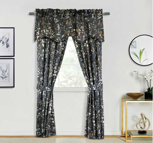 Part of Commonwealth Home Fashions’ Habitat Collection, this all-over petite floral with textured ground is printed on a cotton fabric and available as a pole top panel with tiebacks and federal valance with self-piping. 
