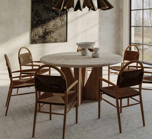 Elyesees round dining table and Pernelle dining arm chairs