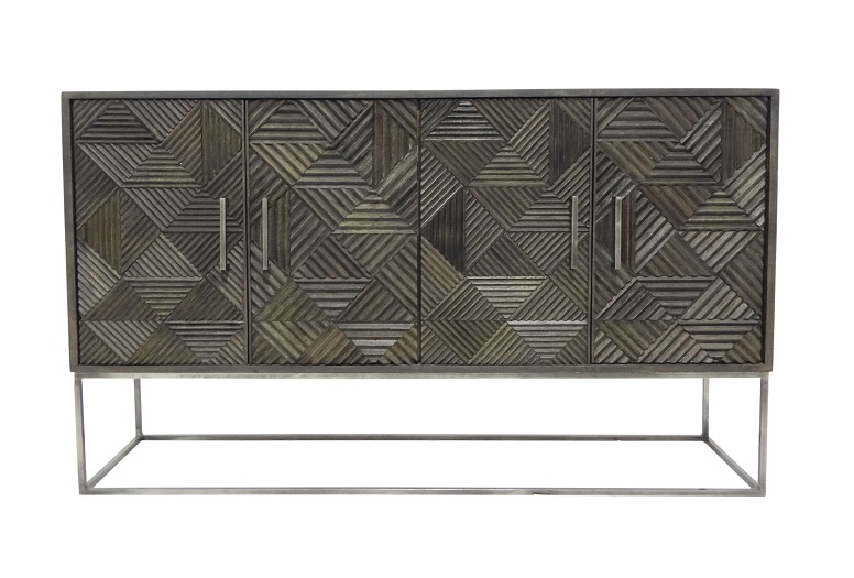 The Palermo sideboard is made with mango and features carved geometric wood shapes accented with silver metallic hardware. 